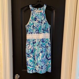 Lilly Pulitzer Vibrant Blue and Green Dress with White Lace